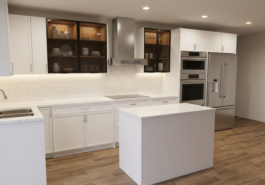 White shaker base and upper cabinets with two pairs of black-framed glass display upper cabinets featuring warm-lit bamboo-toned interiors showcasing dishware vases and glassware, white marble-look quartz countertops and full-height slab backsplash with subtle veining, stainless chimney range hood, center white rectangular island with white quartz top, stainless double wall oven and microwave tower, stainless French door refrigerator, black induction cooktop, under-cabinet LED strip lighting, brushed nickel bar pull hardware, and warm medium-tone wood-plank flooring