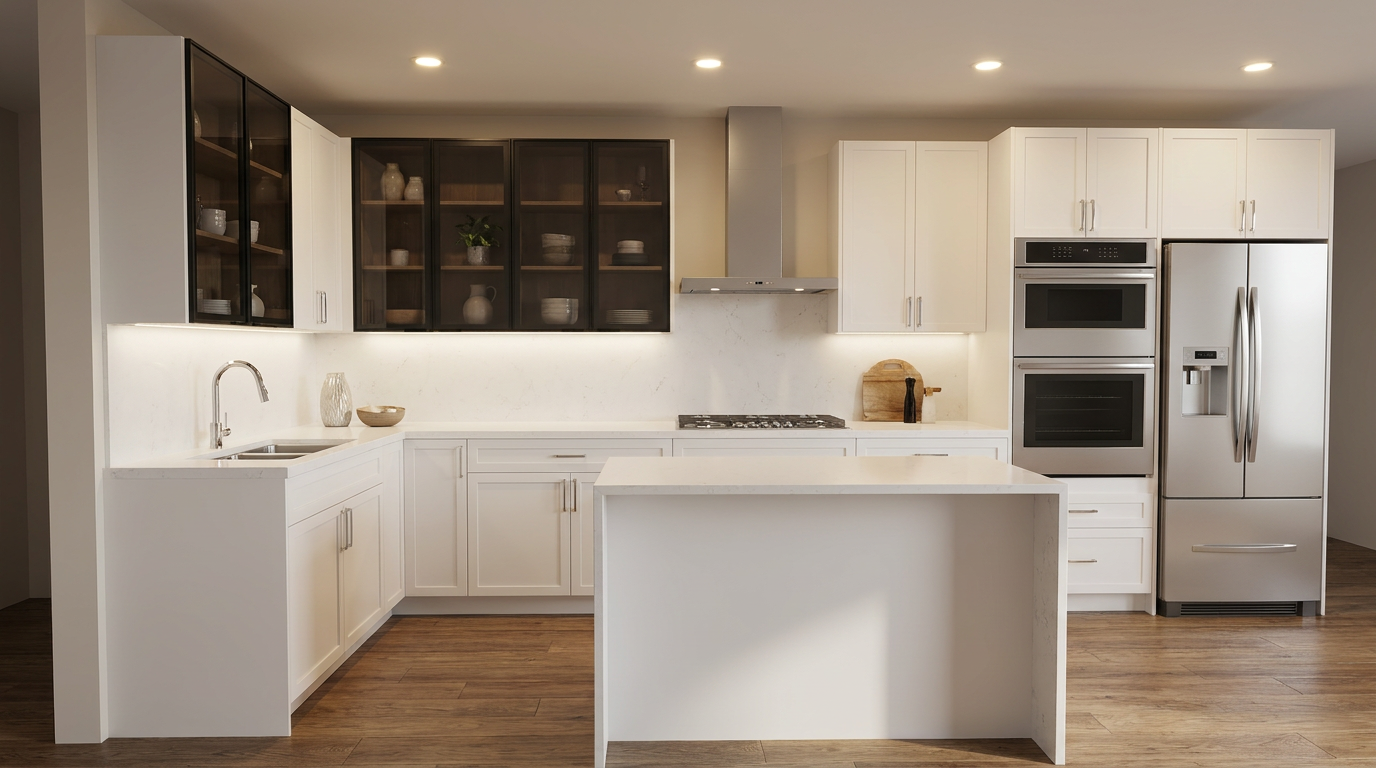 L-shaped white shaker kitchen with black-framed glass display upper cabinets above the sink wall on the left, a stainless chimney hood over a gas cooktop at center, white solid upper cabinets on the right, a tall wall oven and microwave tower flanked by tall pantry cabinets at far right, white quartz countertops, under-cabinet lighting, a white prep island, and warm hardwood floors