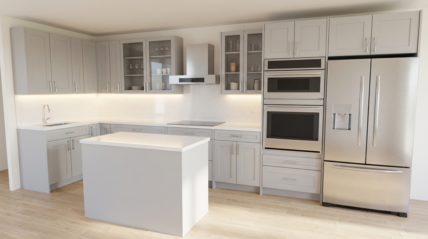 Light grey Shaker kitchen in an L-shape with a compact white quartz island, glass-front upper cabinets flanking a stainless chimney hood, a built-in wall oven and microwave tower, a French-door refrigerator with cabinetry above, under-cabinet lighting and a pale oak floor