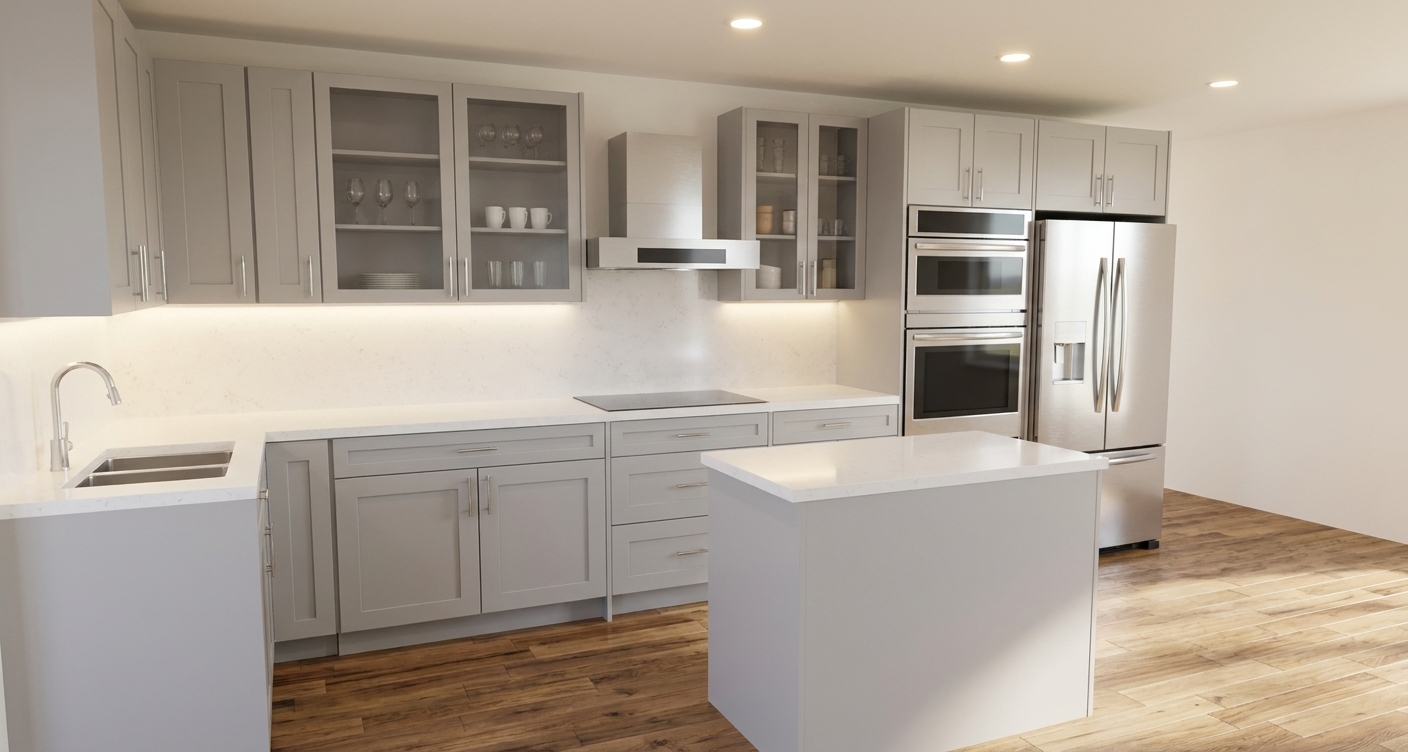 Light gray shaker kitchen with continuous upper cabinets including glass-front display uppers flanking a concealed insert range hood above an induction cooktop, under-cabinet LED strip lighting, white quartz countertops and backsplash, double wall oven tower at right, white prep island, and medium-tone hardwood floors