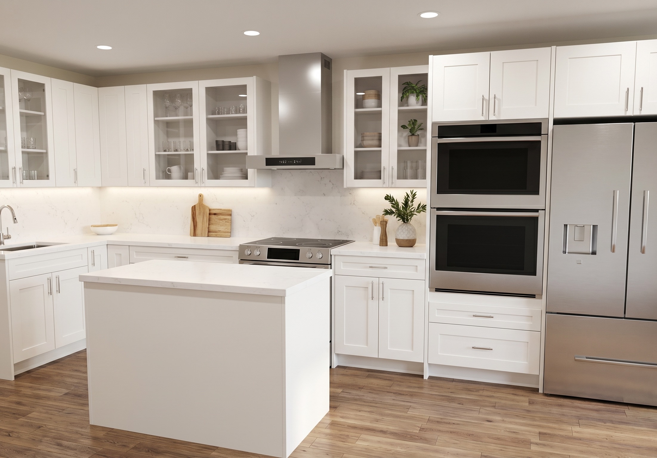 White shaker kitchen with a stainless slide-in range centred under a tall stainless chimney hood, full-width marble slab backsplash, glass-front upper cabinets on both sides of the hood, double wall oven and French door fridge tower on the far right, centre island with white quartz top, dark hardwood floors