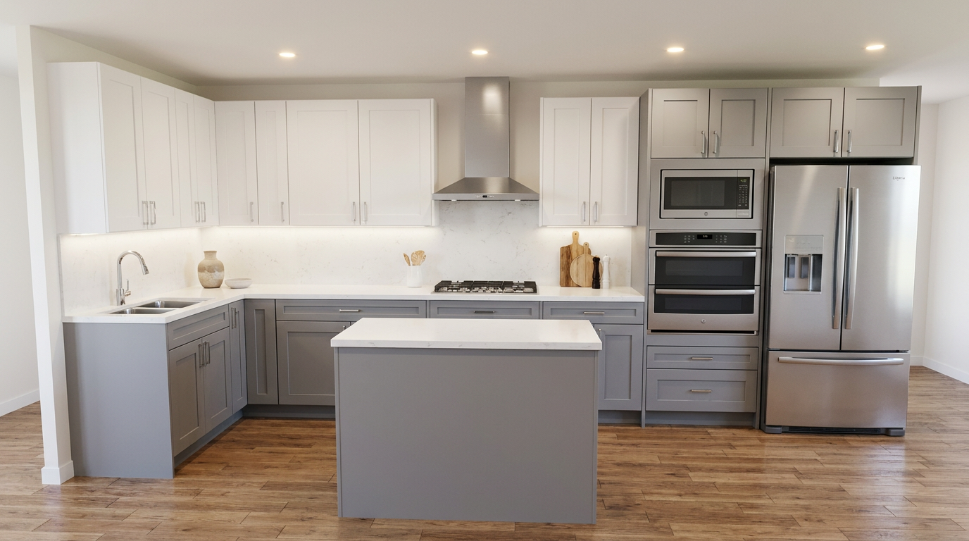 L-shaped kitchen with white shaker upper cabinets and light grey shaker lower cabinets, stainless chimney wall-mount hood above a gas cooktop, white quartz countertops with veined slab backsplash, stainless microwave and double wall oven tower with French door refrigerator on the right, small grey prep island in the center foreground, and warm medium-tone hardwood flooring