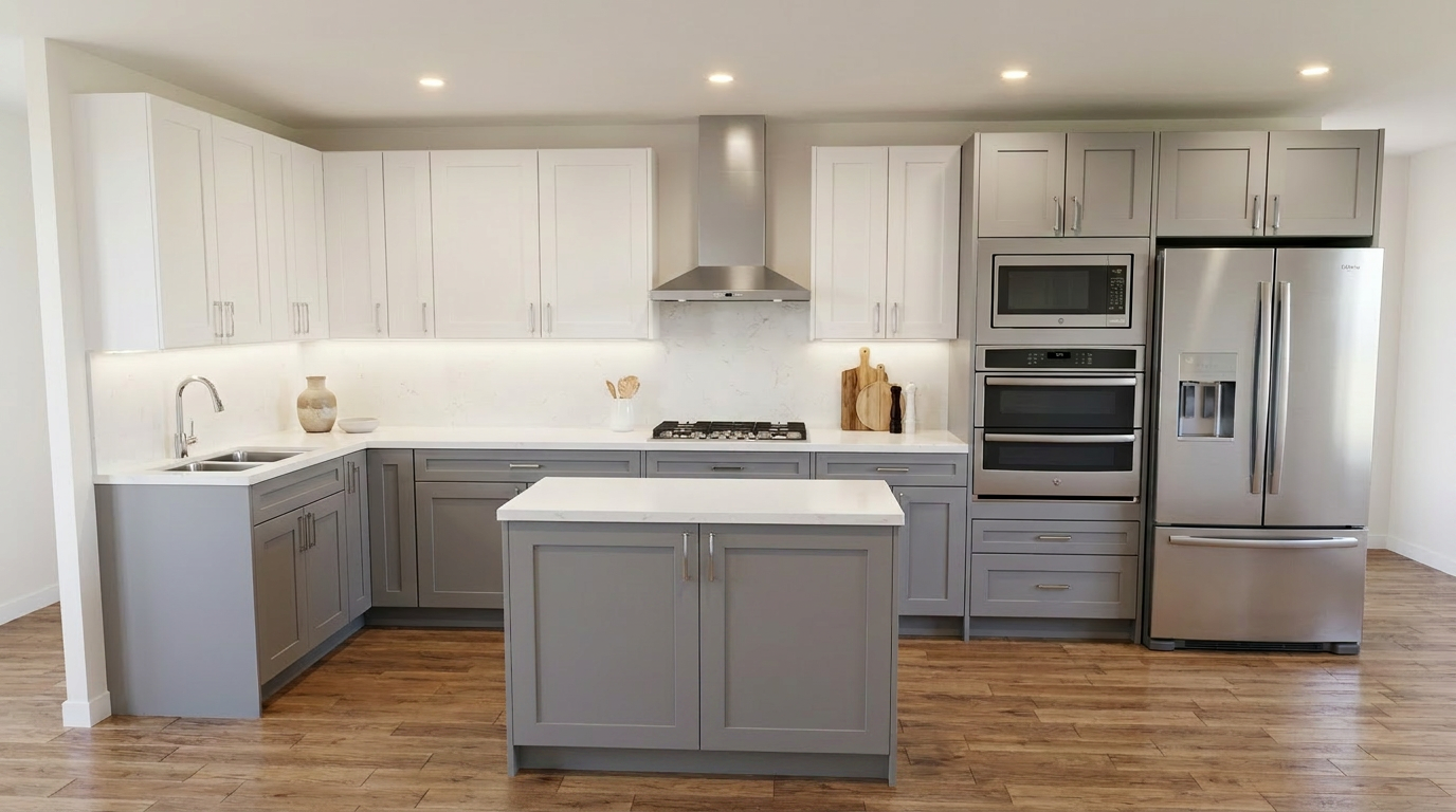 Two-tone shaker kitchen with white upper cabinets and medium grey shaker lower cabinets, matching grey island with white quartz countertop, stainless chimney range hood over gas cooktop, marble-veined white backsplash, double basin undermount sink with brushed nickel faucet, stainless built-in microwave and double wall oven, stainless French door refrigerator, warm wood floors, under-cabinet LED lighting