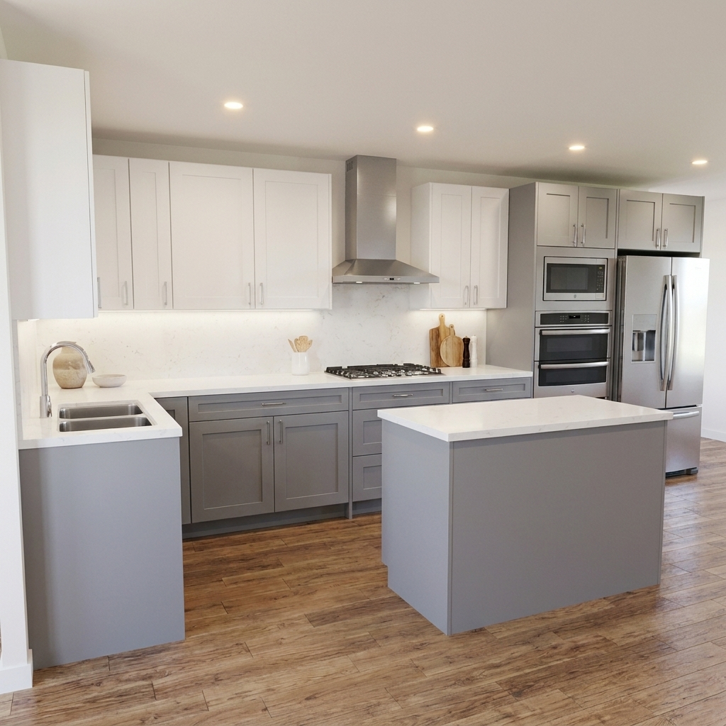 L-shaped kitchen with white shaker upper cabinets and medium grey shaker lower cabinets and matching grey island, stainless chimney wall hood above gas cooktop, stainless microwave and wall oven tower beside French door refrigerator, white quartz countertops and veined marble-look backsplash, warm under-cabinet LED lighting, and honey-toned wood floors