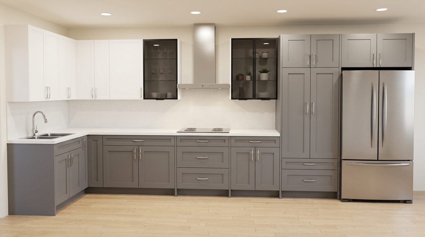 Dark charcoal grey shaker lower cabinets and white shaker upper cabinets in an L-shaped kitchen with no island; two black-framed glass-front upper cabinets with lit interiors flank a round stainless chimney hood above a built-in cooktop; a tall pantry tower stands beside a stainless French door refrigerator; light blonde wood floors; white quartz countertops