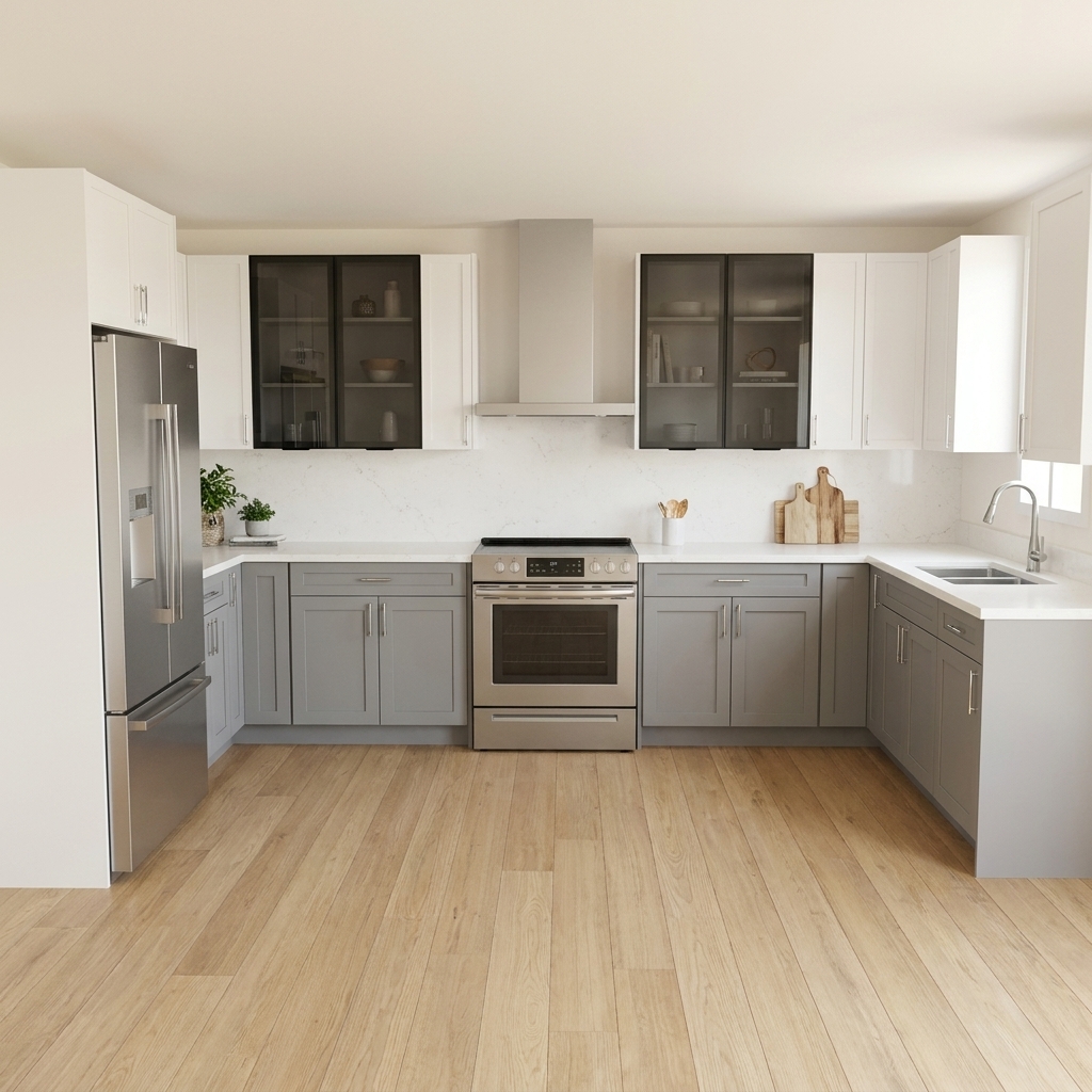 Two-tone U-shaped kitchen with grey Shaker base cabinets, white Shaker uppers, black-framed glass-front wall cabinets flanking a stainless chimney hood, a marble-look quartz slab backsplash, a stainless slide-in range, an undermount double sink under a window and a pale oak floor