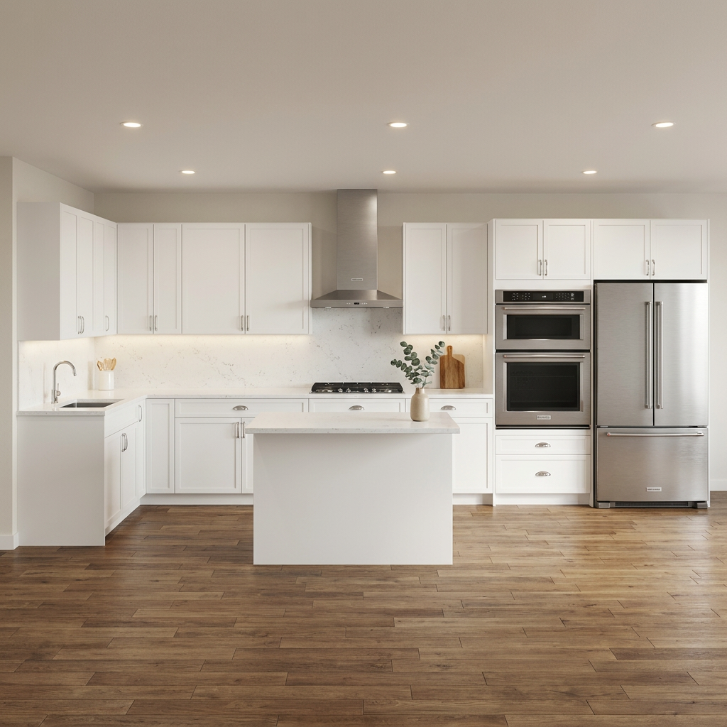 White shaker kitchen with arc cup-pull hardware, stainless chimney wall hood above a gas cooktop with visible burner grates, veined white marble-look slab backsplash, double wall oven and stainless French door refrigerator in an appliance tower on the right, a plain white island in the foreground, and medium-dark warm hardwood floors