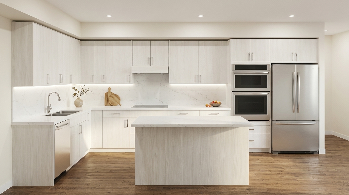 Pale blonde wood-grain flat-panel kitchen with matching wood-grain panel wrap on the island sides, white quartz countertops on island and perimeter, marble-look slab backsplash with grey veining, black induction cooktop, built-in concealed range hood in upper cabinet, double wall oven and microwave tower on right, stainless French door refrigerator, medium-dark hardwood floors, under-cabinet LED lighting strip visible on left