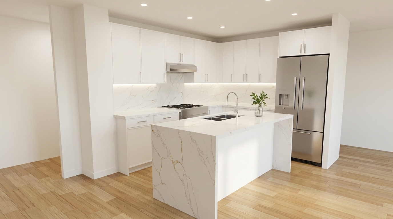 White flat-panel ceiling-height upper cabinets with a flush stainless integrated hood above a gas cooktop, a gold-veined marble waterfall panel wrapping the island face with undermount sink, stainless refrigerator, and light wood floor
