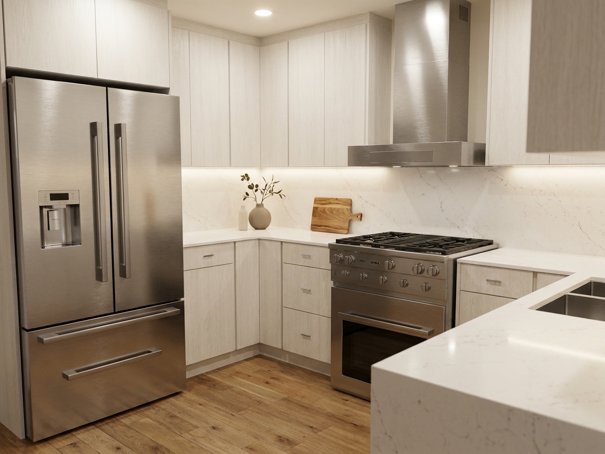L-shaped kitchen with an island, pale wood cabinetry, double wall ovens and a French-door refrigerator