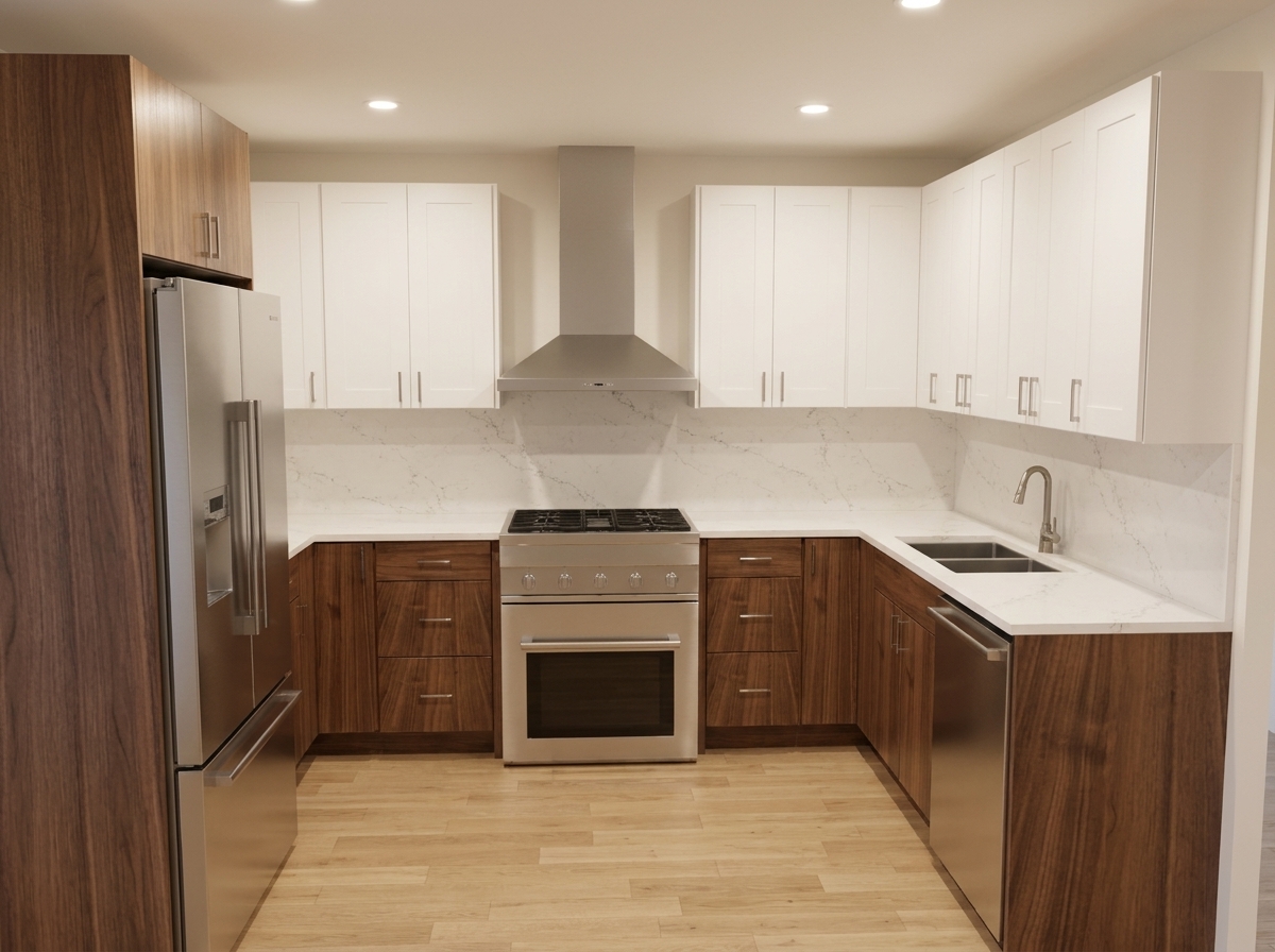 Compact walnut and white U-shaped kitchen with a marble-look backsplash and a stainless range