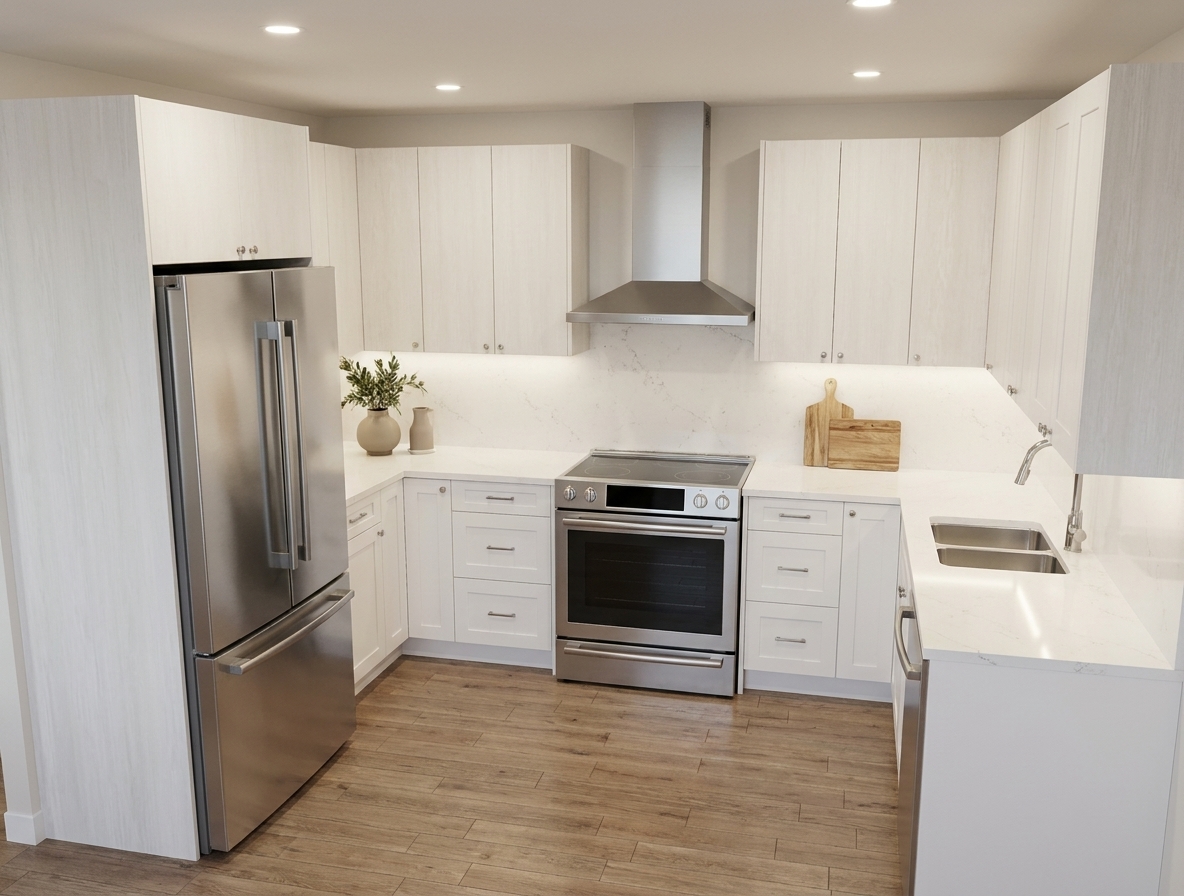 Pale textured kitchen with a stainless chimney hood, quartz counters and a marble-look backsplash