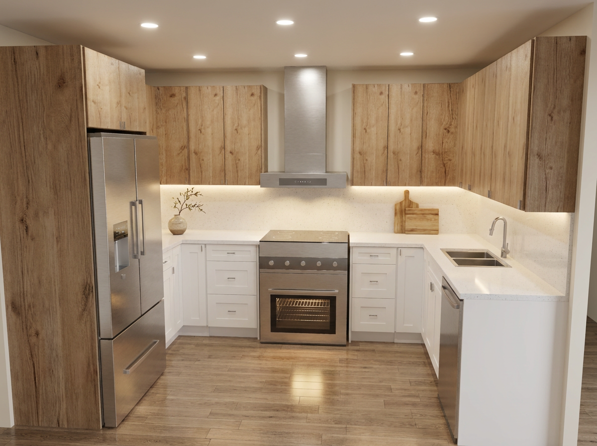 Warm oak U-shaped kitchen with white lower cabinets, wood-grain uppers and a stainless chimney hood