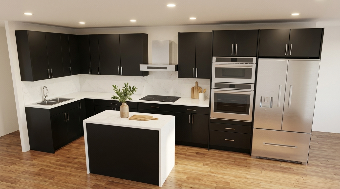 Matte black flat-panel kitchen with a marble-look waterfall island, stainless wall ovens and warm oak floors