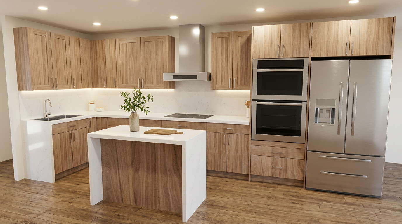 Open-concept kitchen with hickory cabinetry, a waterfall quartz island and a double wall-oven tower