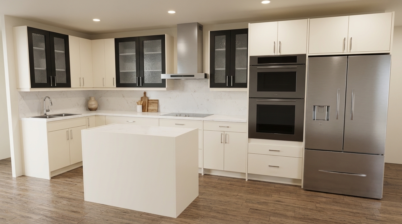 Cream kitchen with black-framed glass upper cabinets, a quartz island and a panelled refrigerator