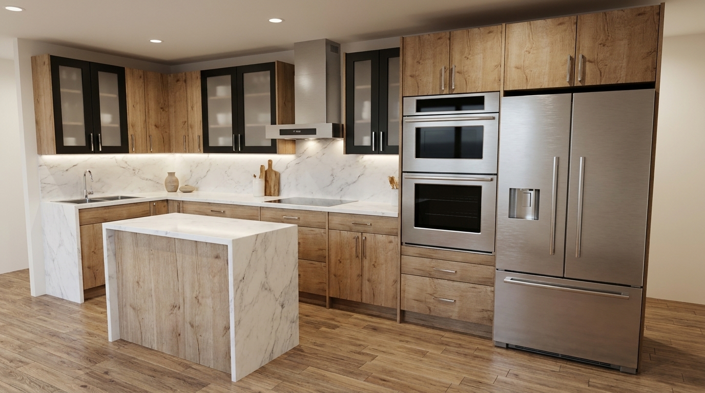Warm oak kitchen with black-framed glass upper cabinets, a marble-look waterfall island, double wall ovens and a panelled refrigerator