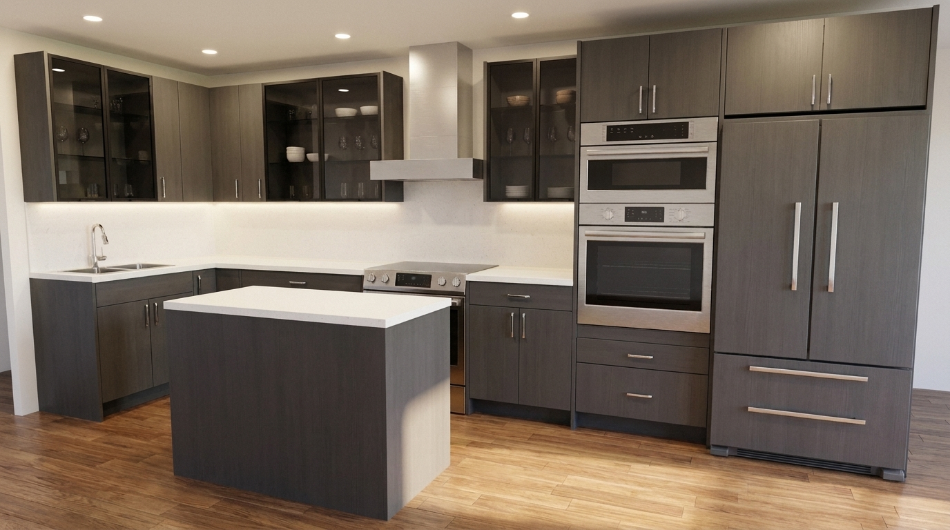 Dark walnut flat-panel kitchen with glass-front upper cabinets, a stainless chimney hood, a white quartz island and a panelled built-in refrigerator