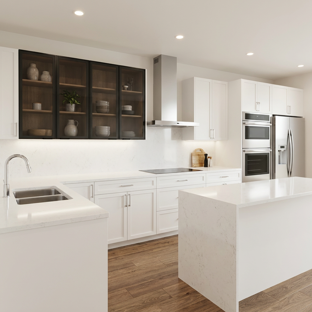 Bright white shaker kitchen with black-framed glass upper cabinets, a stainless chimney hood and a quartz waterfall island