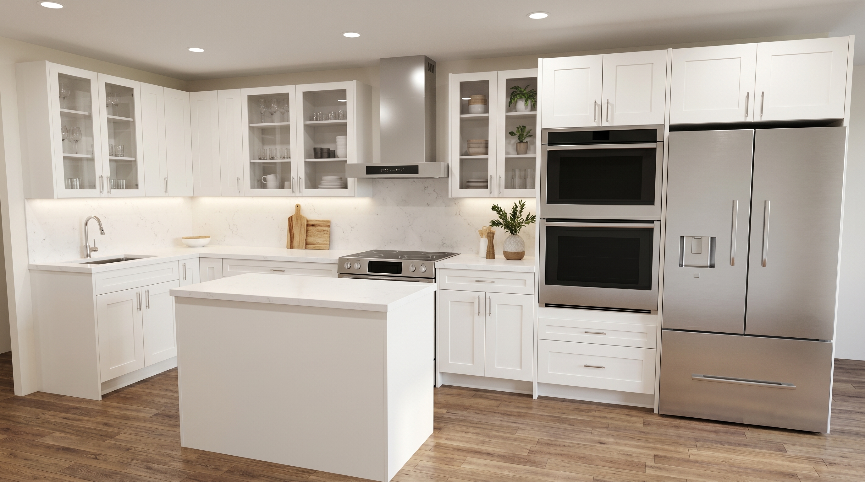Photoreal AI render of a bright white shaker kitchen with glass-front upper cabinets, a marble-look backsplash, an island and a stainless chimney hood