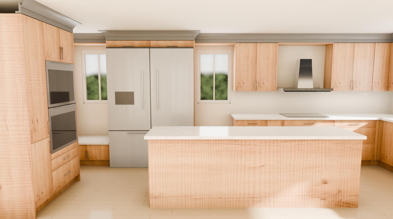 The same island kitchen in two door finishes, Matte White and Rustic Oak, with a stainless steel French-door refrigerator and a chimney hood.