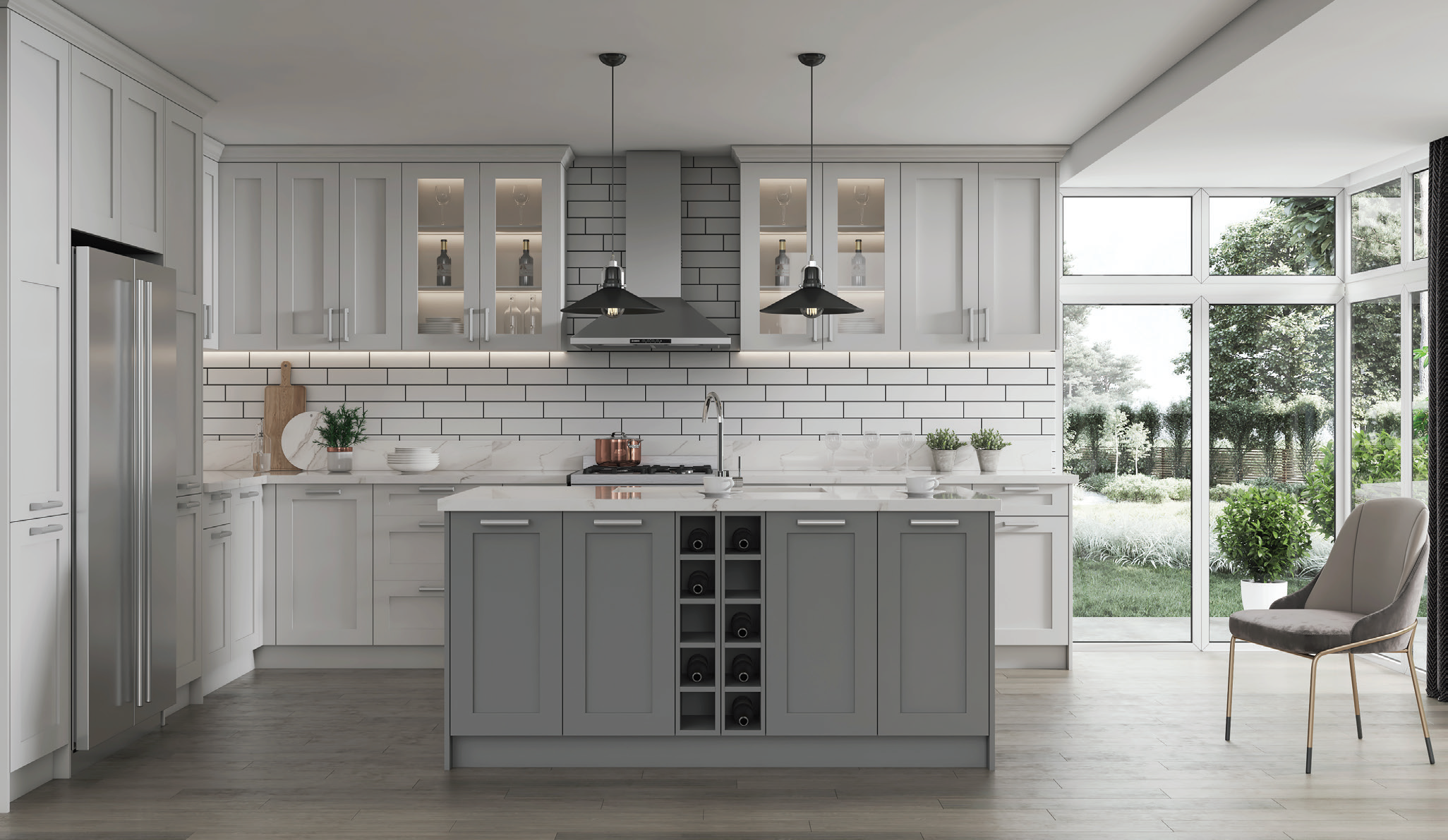 Two-tone kitchen pairing white upper cabinets with grey shaker base cabinets